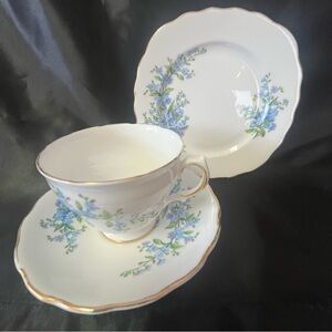 Vintage English Royal Vale Teacup, Saucer, Side Plate Blue Forget-Me-Nots Trio